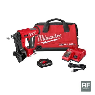 Milwaukee 2909-21, kit: M18 FUEL 18-Volt Lithium-Ion Brushless Cordless Coil Roofing Nailer Combo Kit with (1) 3.0 Ah Battery, Charger and Bag